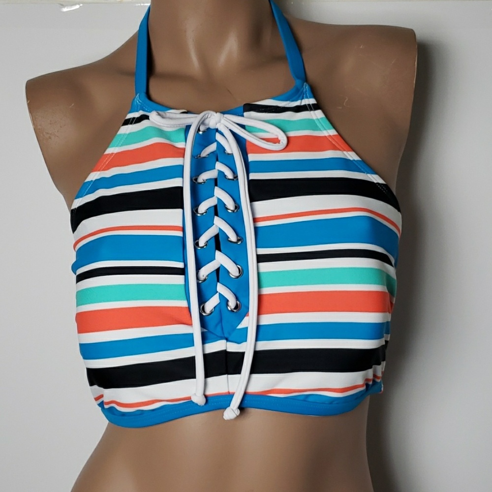Womens Striped Halter Padded Swim Top Size 14